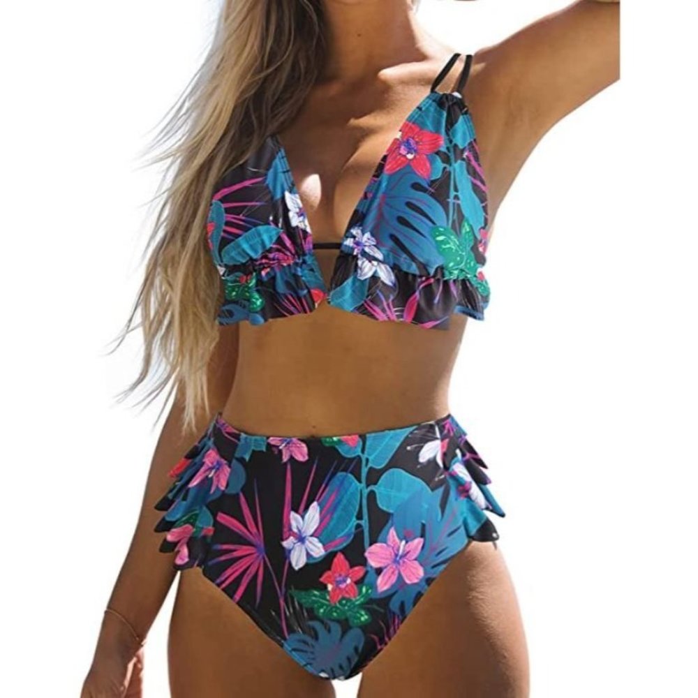 Binlowis High Waist Flounce Bikini Set Women Front Knot Side Bandage Two Piece S